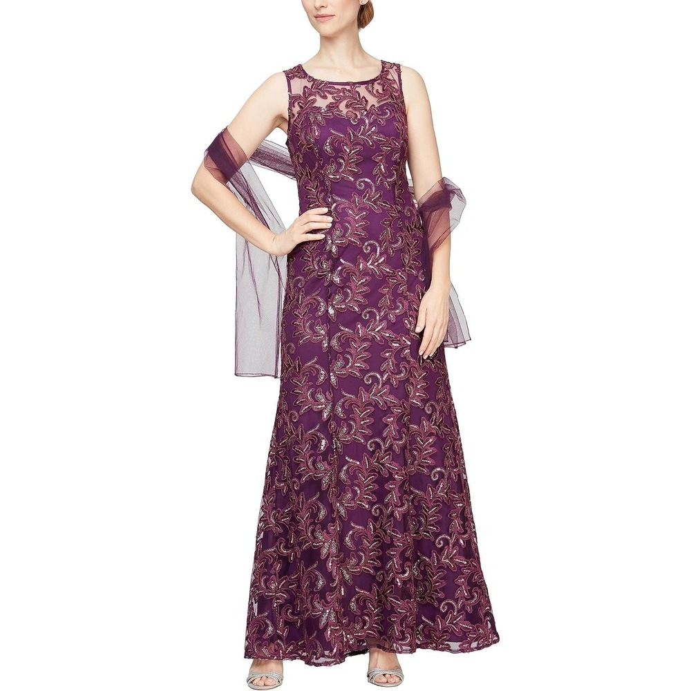 Alex Evenings Dress Womens 4 Purple Sequin Lace Scoop Neck Maxi Formal Gown
